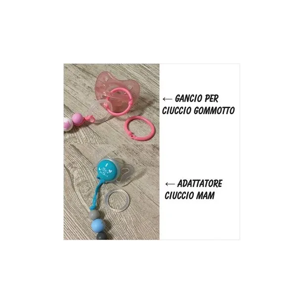 Babyjart Catenella portaciuccio silicone con nome, gancio/adattatore ciuccio MAM e CHICCO