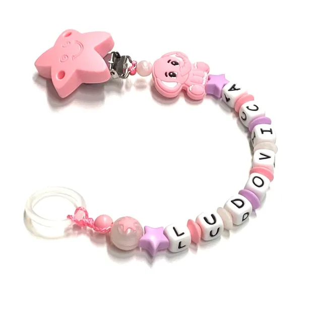 Babyjart Catenella portaciuccio silicone con nome, gancio/adattatore ciuccio MAM e CHICCO