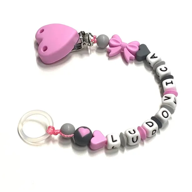 Babyjart Chaîne de tétine en silicone avec nom, crochet / adaptateur de tétine MAM et CHICCO