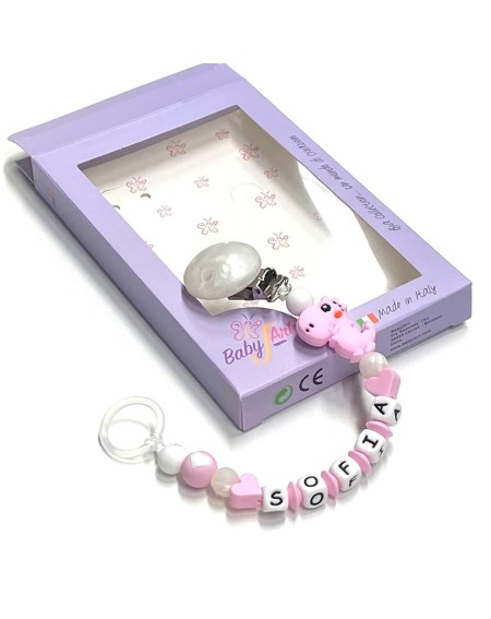 Babyjart Catenella portaciuccio silicone con nome, gancio/adattatore ciuccio MAM e CHICCO 2