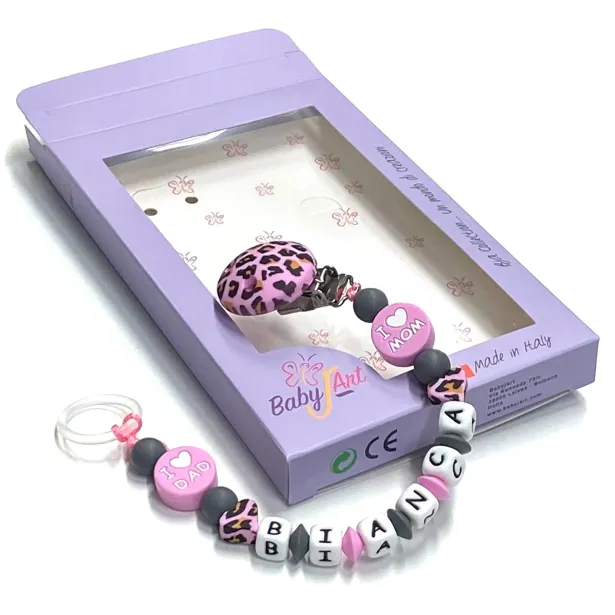 Babyjart Catenella portaciuccio silicone con nome, gancio/adattatore ciuccio MAM e CHICCO