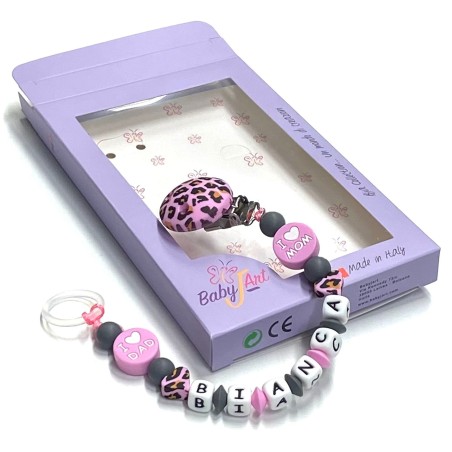 Babyjart Catenella portaciuccio silicone con nome, gancio/adattatore ciuccio MAM e CHICCO