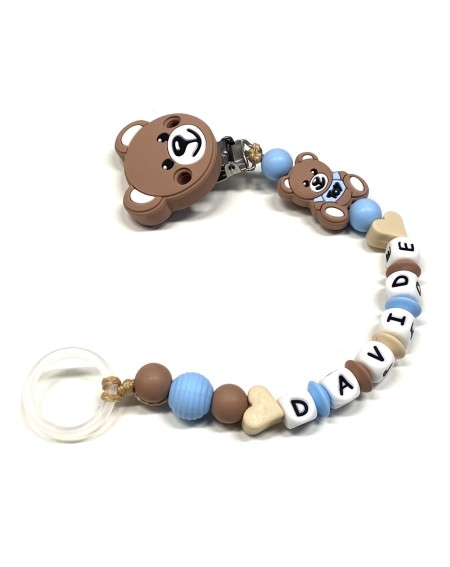 Babyjart Catenella portaciuccio PRESTIGE MOSCHINO in silicone con nome, gancio/adattatore ciuccio MAM e CHICCO