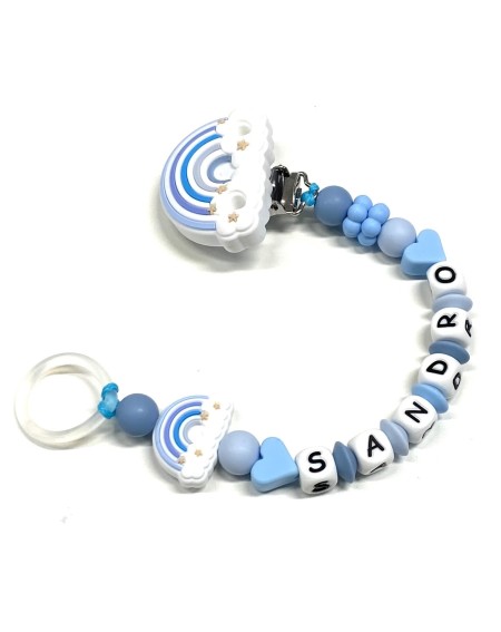 Babyjart Catenella portaciuccio PRESTIGE ARCOBALENO in silicone con nome, gancio/adattatore ciuccio MAM e CHICCO 2