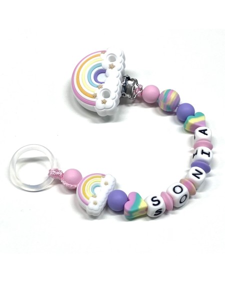 Babyjart Silikonschnullerkette PRESTIGE REGENBOGEN mit Name, Haken / Adapter Schnuller MAM und CHICCO