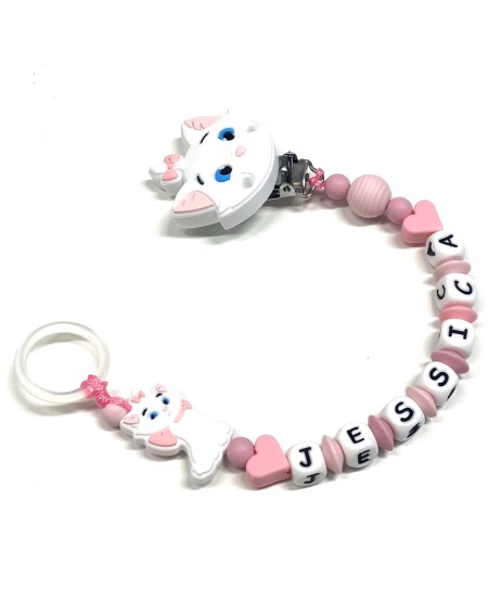 Babyjart silicone dummy chain PRESTIGE MINOU with name, hook / adapter pacifier MAM and CHICCO