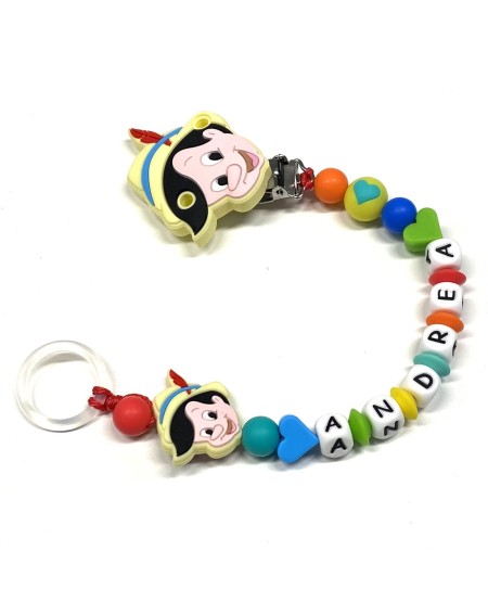 Babyjart silicone dummy chain PRESTIGE PINOCCHIO with name, hook / adapter pacifier MAM and CHICCO 2