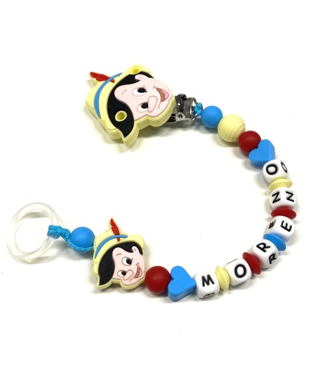 Babyjart silicone dummy chain PRESTIGE PINOCCHIO with name, hook / adapter pacifier MAM and CHICCO