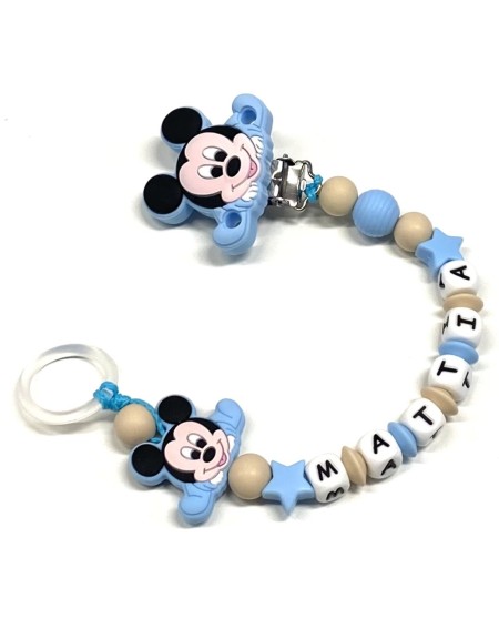Babyjart silicone dummy chain PRESTIGE MICKEY MOUSE with name, hook/adapter pacifier MAM and CHICCO