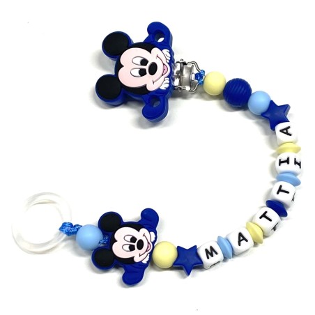 Babyjart Chaîne de tétine PRESTIGE MICKEY MOUSE en silicone avec nom, crochet/adaptateur de tétine MAM et CHICCO