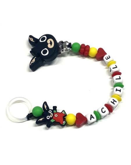 Babyjart Catenella portaciuccio PRESTIGE BING in silicone con nome, gancio/adattatore ciuccio MAM e CHICCO