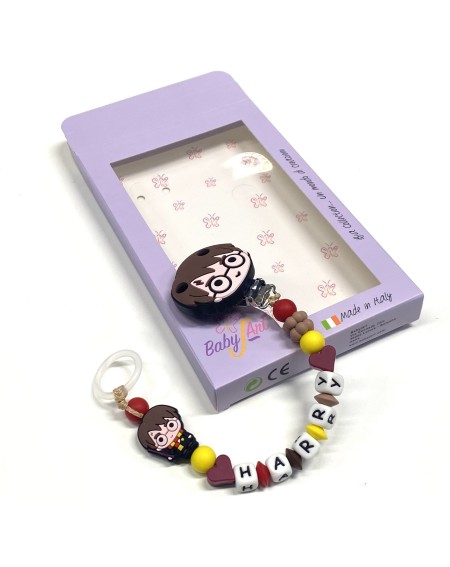 Babyjart Catenella portaciuccio PRESTIGE HARRY POTTER in silicone con nome, gancio/adattatore ciuccio MAM e CHICCO 2