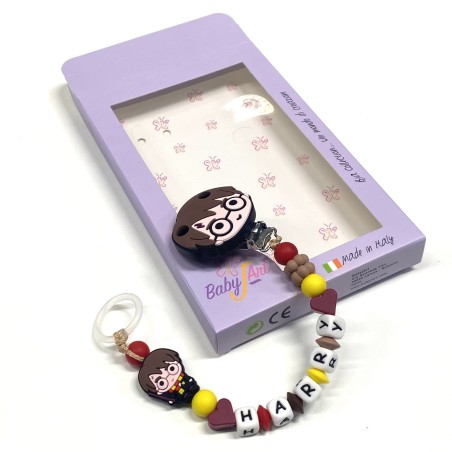 Babyjart silicone dummy chain PRESTIGE HARRY POTTER with name, hook/adapter pacifier MAM and CHICCO