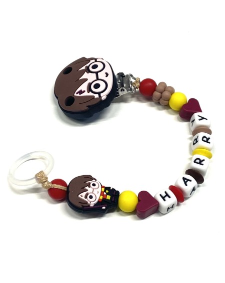 Babyjart Catenella portaciuccio PRESTIGE HARRY POTTER in silicone con nome, gancio/adattatore ciuccio MAM e CHICCO