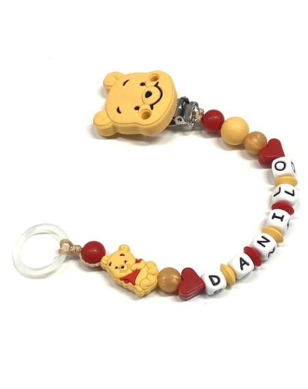 Babyjart Catenella portaciuccio PRESTIGE WINNIE in silicone con nome, gancio/adattatore ciuccio MAM e CHICCO