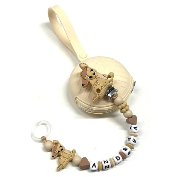 Babyjart Cadeia de chupeta PRESTIGE BAMBI de silicone com nome, adaptador/gancho de chupeta MAM e modelo CHICCO