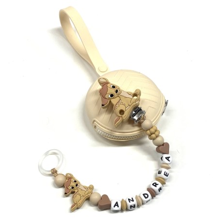 Babyjart Cadeia de chupeta PRESTIGE BAMBI de silicone com nome, adaptador/gancho de chupeta MAM e modelo CHICCO