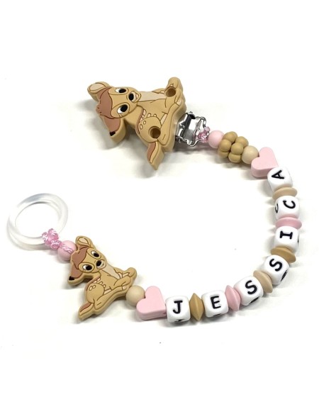 Babyjart Silikonschnullerkette PRESTIGE BAMBI mit Name, Haken/Adapter Schnuller MAM und CHICCO