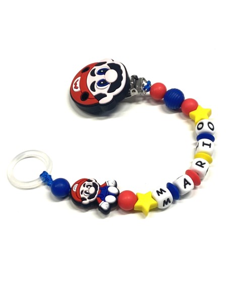 Babyjart Silikonschnullerkette PRESTIGE SUPER MARIO mit Name, Haken/Adapter Schnuller MAM und CHICCO