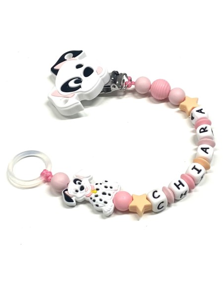 Babyjart Silikonschnullerkette PRESTIGE DALMATINER mit Name, Haken/Adapter Schnuller MAM und CHICCO