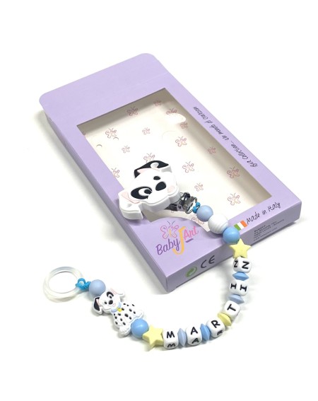 Babyjart Catenella portaciuccio PRESTIGE DALMATA in silicone con nome, gancio/adattatore ciuccio MAM e CHICCO 2