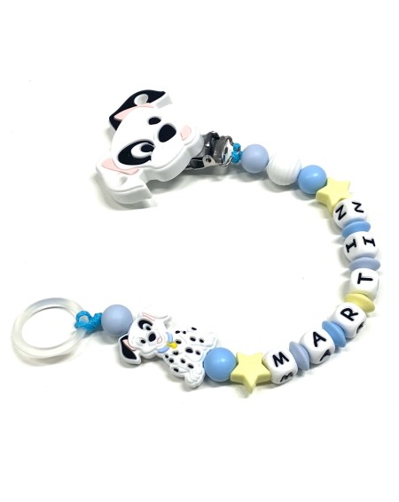 Babyjart Catenella portaciuccio PRESTIGE DALMATA in silicone con nome, gancio/adattatore ciuccio MAM e CHICCO
