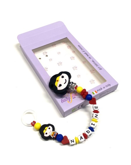 Babyjart Catenella portaciuccio PRESTIGE WONDERWOMAN in silicone con nome, gancio/adattatore ciuccio MAM e CHICCO 2