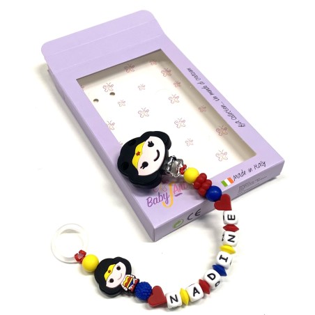 Babyjart silicone dummy chain PRESTIGE WONDERWOMAN with name, hook/adapter pacifier MAM and CHICCO