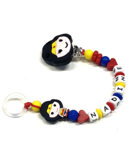 Babyjart silicone dummy chain PRESTIGE WONDERWOMAN with name, hook/adapter pacifier MAM and CHICCO