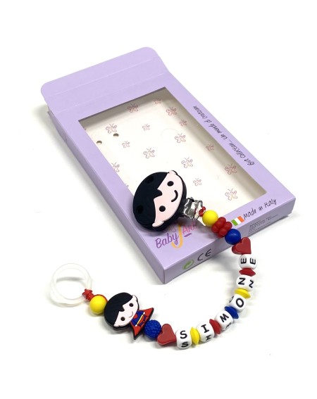 Babyjart silicone dummy chain PRESTIGE SUPERMAN with name, hook/adapter pacifier MAM and CHICCO 2