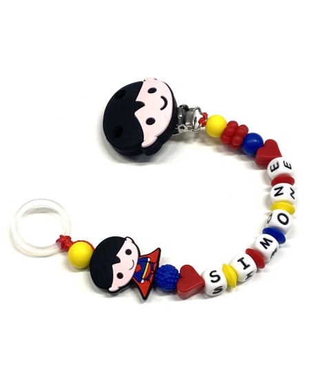 Babyjart Catenella portaciuccio PRESTIGE SUPERMAN in silicone con nome, gancio/adattatore ciuccio MAM e CHICCO