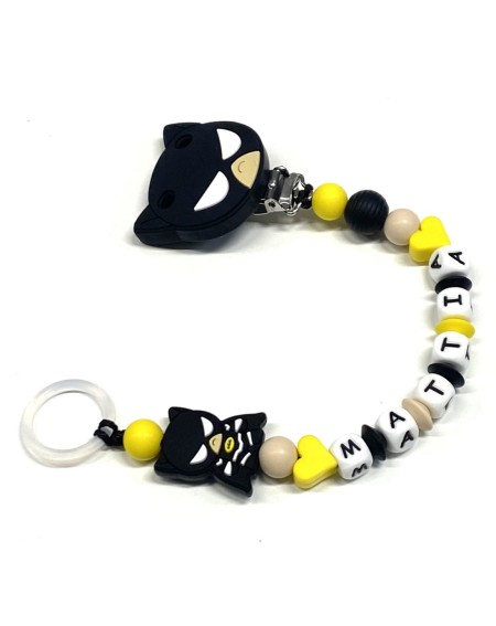Babyjart Catenella portaciuccio PRESTIGE BATMAN in silicone con nome, gancio/adattatore ciuccio MAM e CHICCO