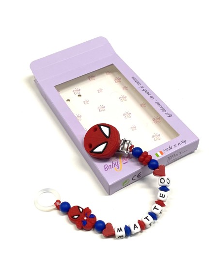 Babyjart Silikonschnullerkette PRESTIGE SPIDERMAN mit Name, Haken/Adapter Schnuller MAM und CHICCO 2