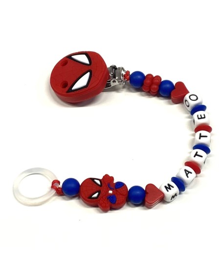 Babyjart Catenella portaciuccio PRESTIGE SPIDERMAN in silicone con nome, gancio/adattatore ciuccio MAM e CHICCO