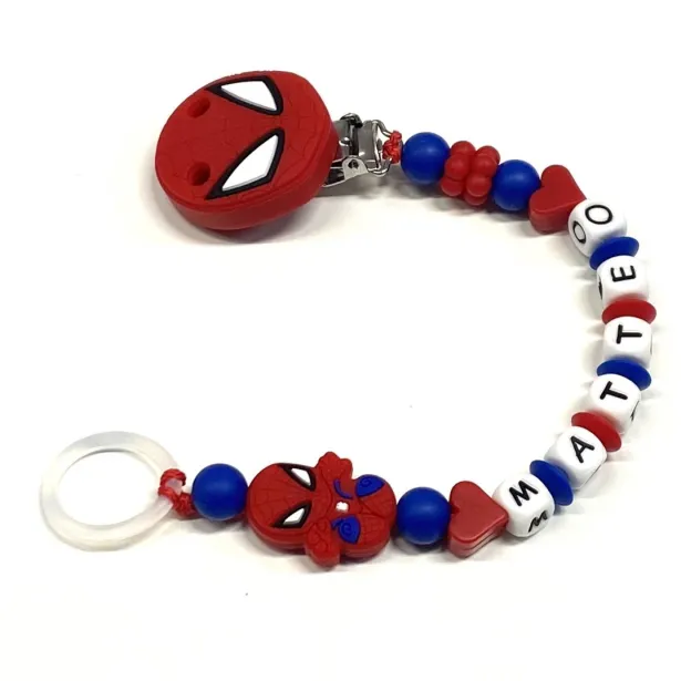 Babyjart silicone dummy chain PRESTIGE SPIDERMAN with name, hook/adapter pacifier MAM and CHICCO