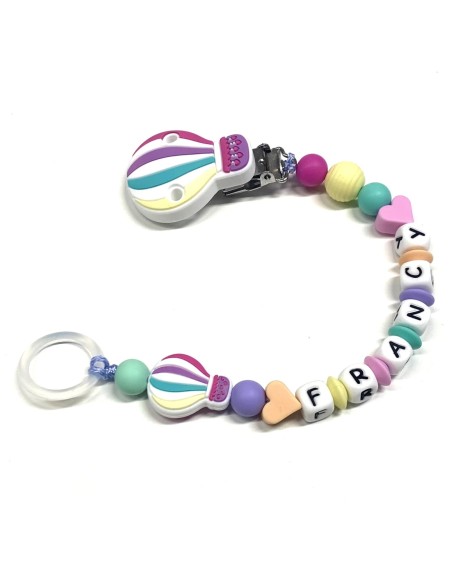 Babyjart Catenella portaciuccio PRESTIGE MONGOLFIERA in silicone con nome, gancio/adattatore ciuccio MAM e CHICCO 2