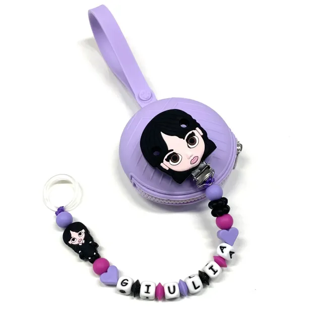 Babyjart Cadeia de chupeta PRESTIGE MIÉRCOLES ADDAMS de silicone com nome, adaptador de chupeta MAM e modelo CHICCO