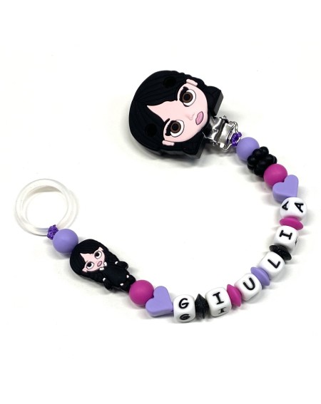 Babyjart silicone dummy chain PRESTIGE WEDNESDAY ADDAMS with name, hook/adapter pacifier MAM and CHICCO 2