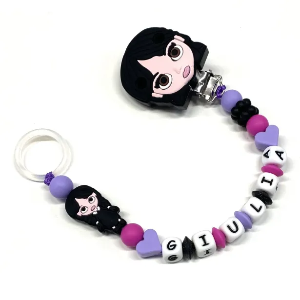 Babyjart Cadeia de chupeta PRESTIGE MIÉRCOLES ADDAMS de silicone com nome, adaptador de chupeta MAM e modelo CHICCO