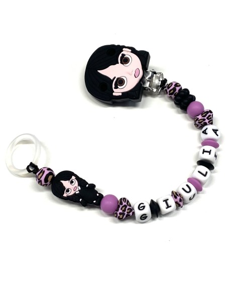 Babyjart silicone dummy chain PRESTIGE WEDNESDAY ADDAMS with name, hook/adapter pacifier MAM and CHICCO