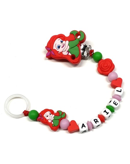 Babyjart Catenella portaciuccio PRESTIGE ARIEL LA SIRENETTA in silicone con nome, gancio/adattatore ciuccio MAM e CHICCO
