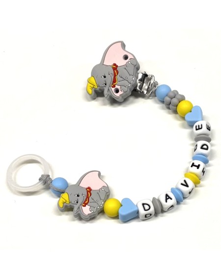 Babyjart Catenella portaciuccio PRESTIGE DUMBO in silicone con nome, gancio/adattatore ciuccio MAM e CHICCO