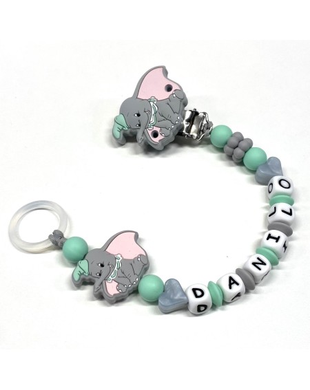 Babyjart Catenella portaciuccio PRESTIGE DUMBO in silicone con nome, gancio/adattatore ciuccio MAM e CHICCO