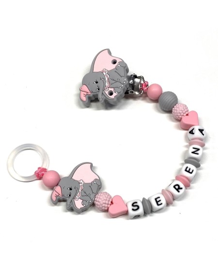 Babyjart Catenella portaciuccio PRESTIGE DUMBO in silicone con nome, gancio/adattatore ciuccio MAM e CHICCO