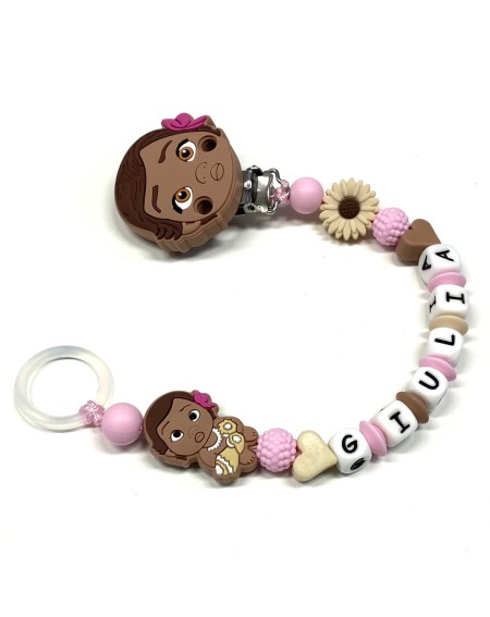 Babyjart Catenella portaciuccio PRESTIGE VAIANA OCEANIA in silicone con nome, gancio/adattatore ciuccio MAM e CHICCO