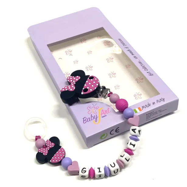 Babyjart silicone dummy chain PRESTIGE MINNIE BICOLOR with name, hook/adapter pacifier MAM and CHICCO