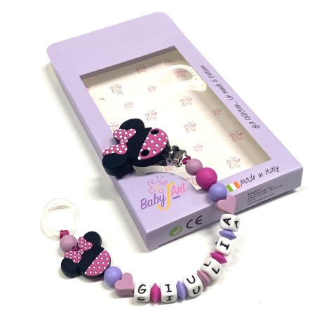 Babyjart Catenella portaciuccio PRESTIGE MINNIE BICOLOR in silicone con nome, gancio/adattatore ciuccio MAM e CHICCO