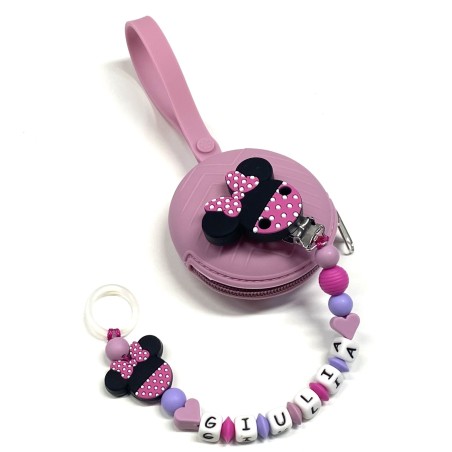 Babyjart silicone dummy chain PRESTIGE MINNIE BICOLOR with name, hook/adapter pacifier MAM and CHICCO