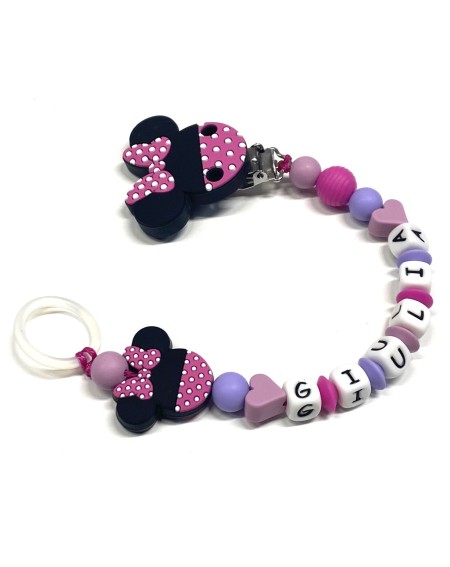 Babyjart Catenella portaciuccio PRESTIGE MINNIE BICOLOR in silicone con nome, gancio/adattatore ciuccio MAM e CHICCO
