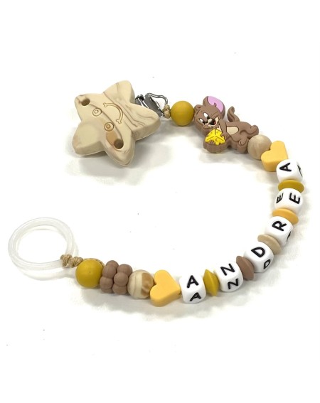 Babyjart Catenella portaciuccio PRESTIGE JERRY in silicone con nome, gancio/adattatore ciuccio MAM e CHICCO